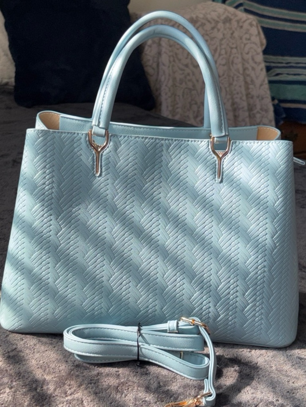 Elegant Light Blue Woven-Texture Satchel with Removable Strap